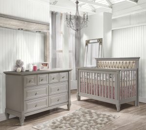 gray upholstered crib