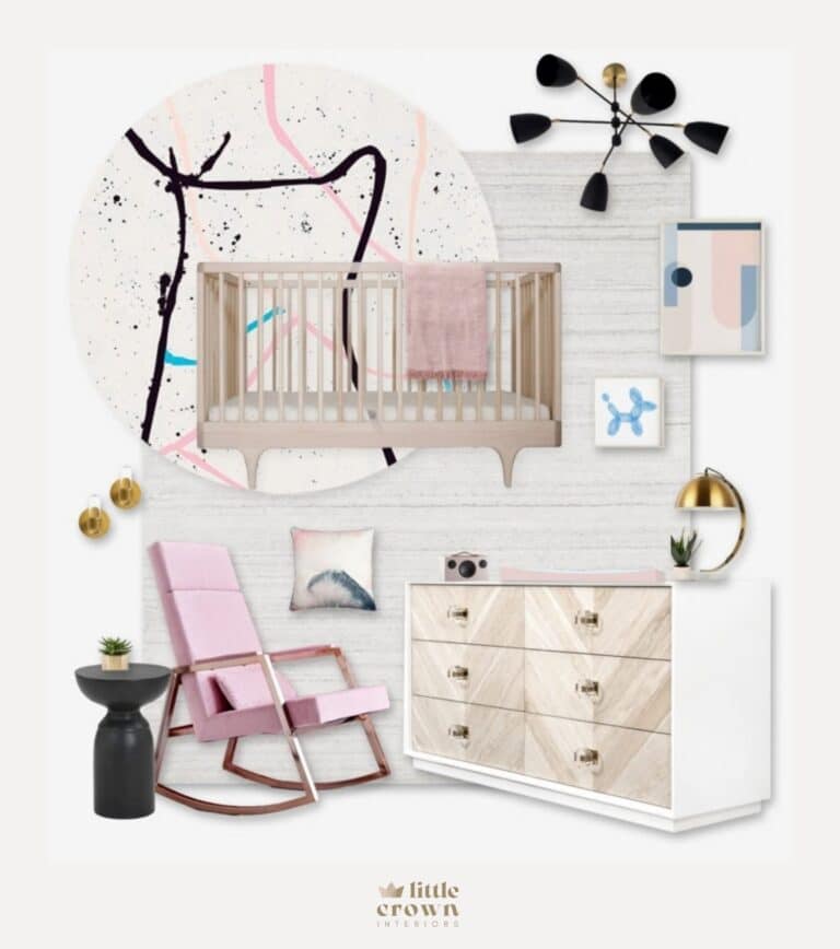 A Pink and Black Nursery With Abstract Wallpaper
