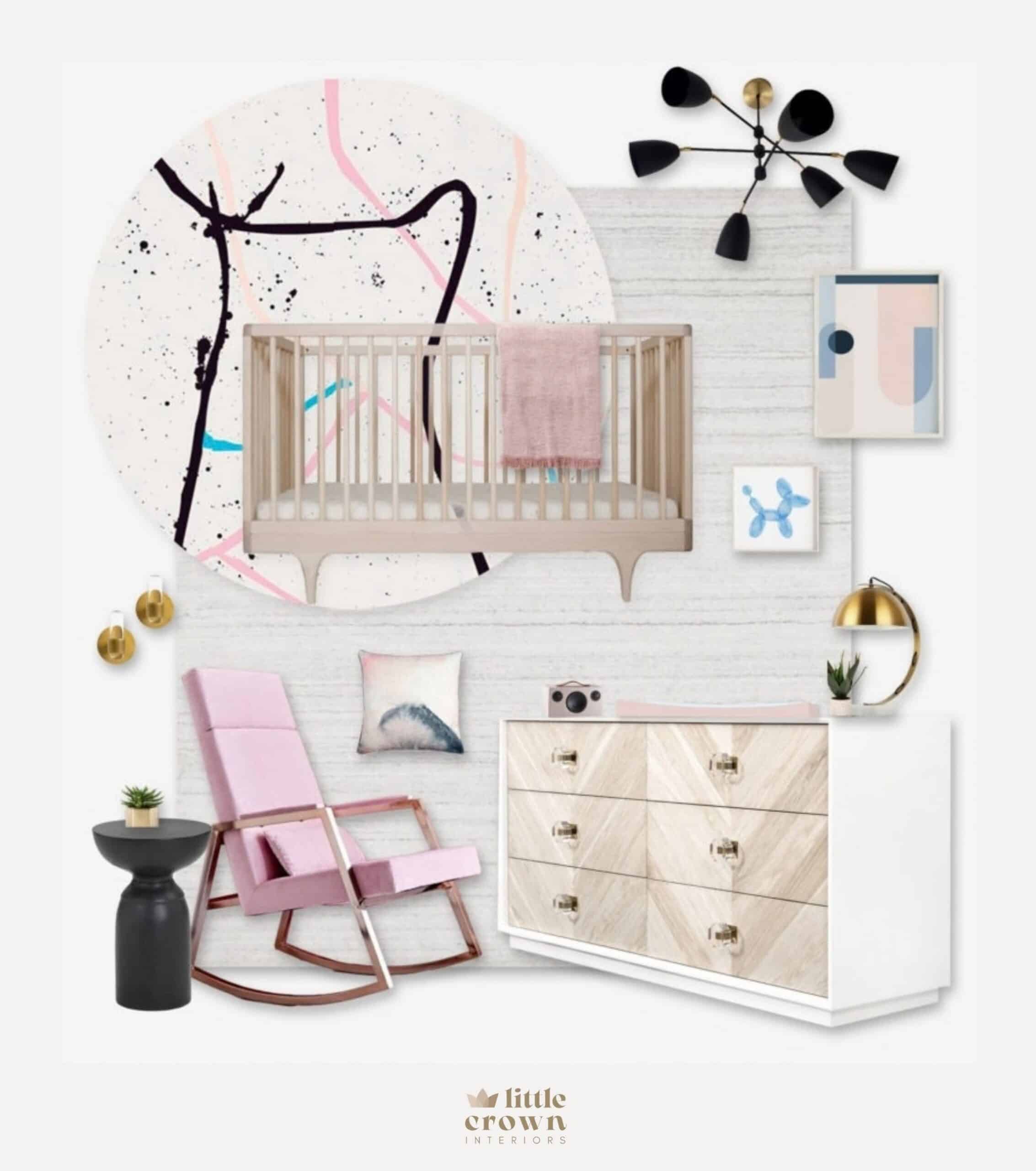 A Pink and Black Nursery With Abstract Wallpaper