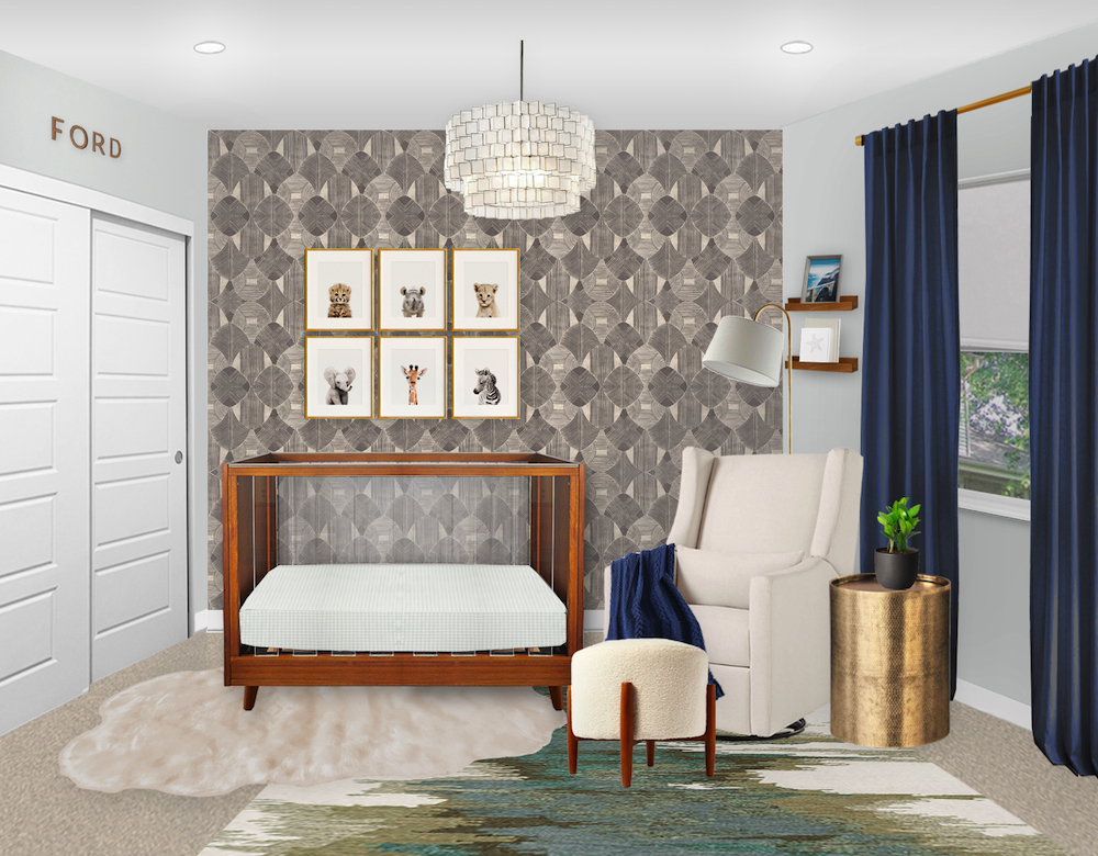Green, gray and navy blue nursery with warm wooden furniture