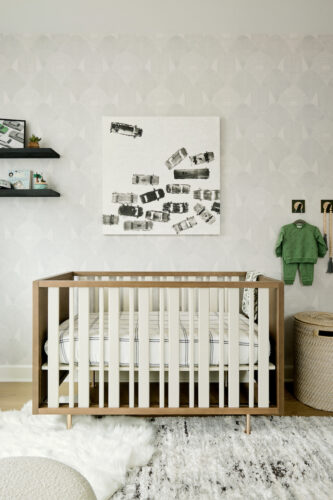 Gray & Green Nursery with Subtle Geometric Wallpaper