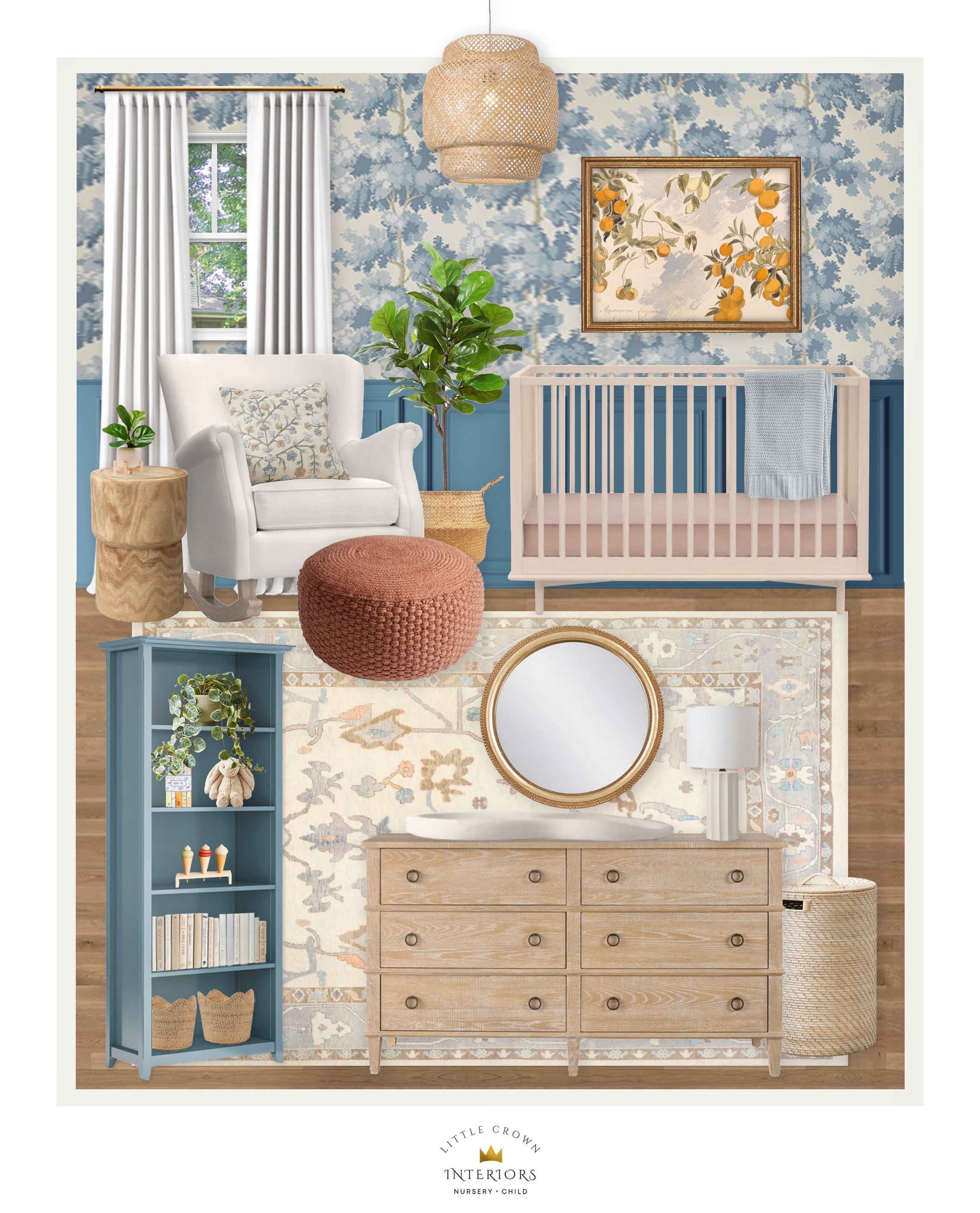 Traditional Nursery E-Design with Blue Floral Wallpaper
