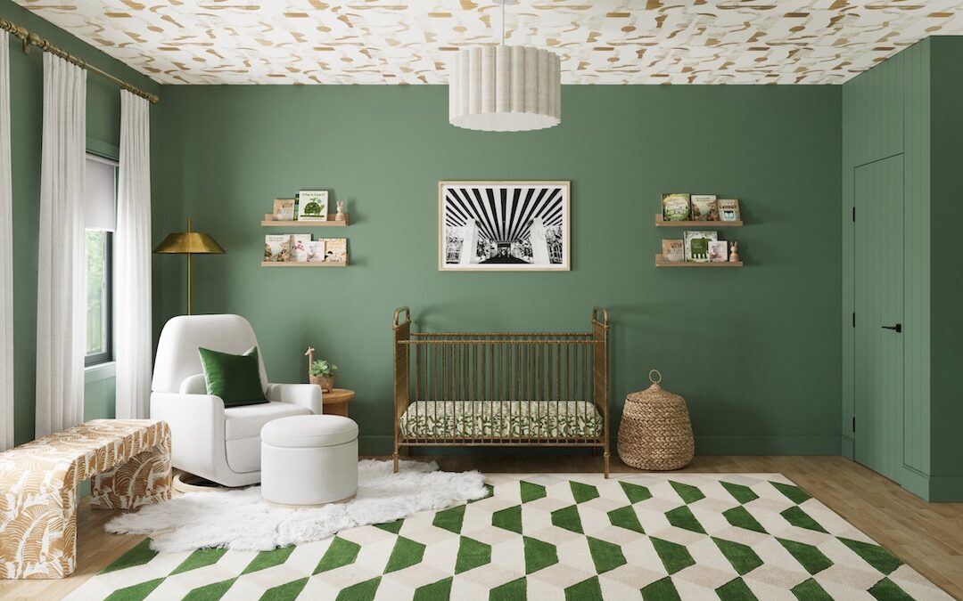 A Bold Green Virtual Nursery Design With Ceiling Wallpaper