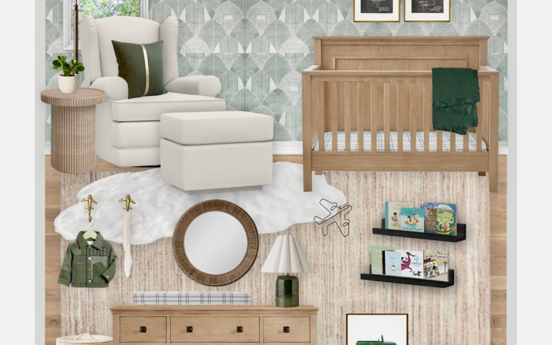 A Dark Green Virtual Nursery Design With Warm Wood