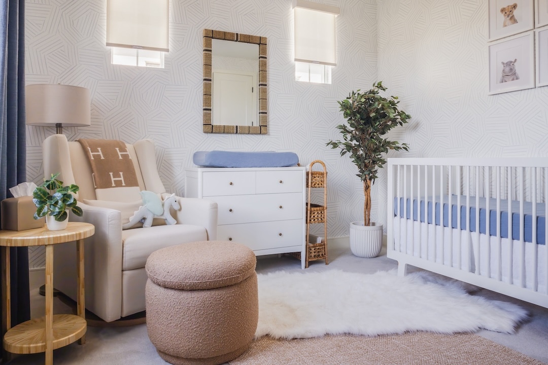 Blue Neutral Nursery Design with Subtle Geometric Wallpaper