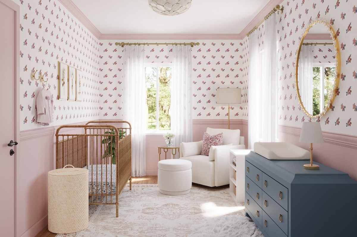 Nursery Design with Mauve Paneling and Floral Wallpaper