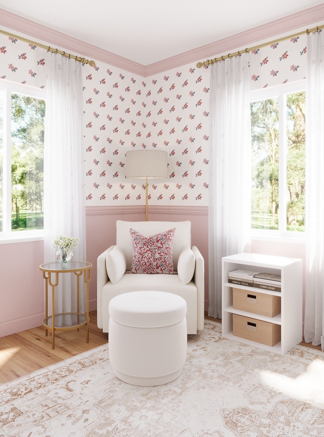Nursery Design with Mauve Paneling and Floral Wallpaper