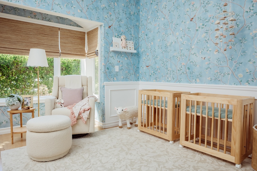 Chinoiserie Blue Floral Nursery Interior Design for Twins by Little Crown Interiors