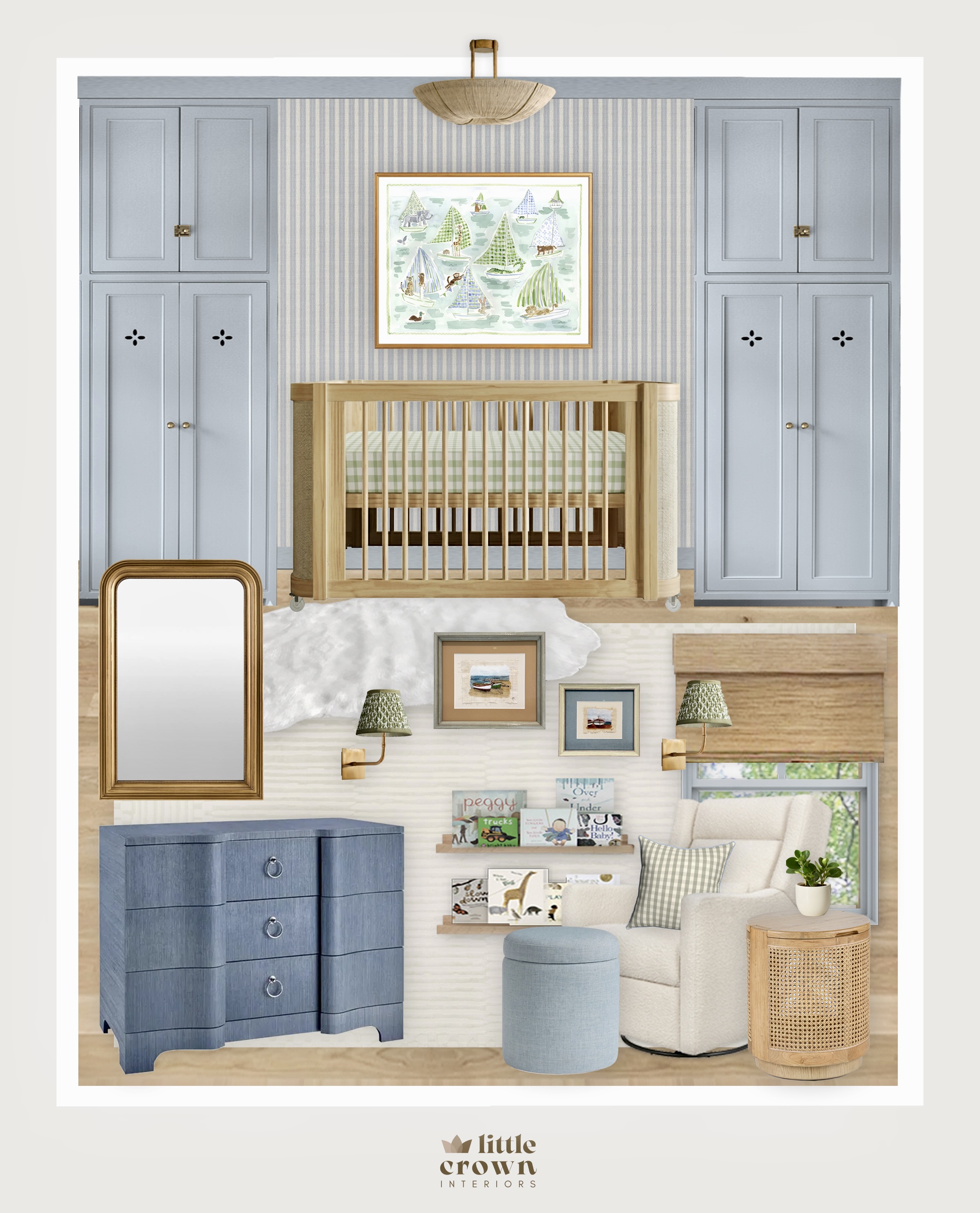 A Blue & Neutral Virtual Nursery Design with Natural Wood