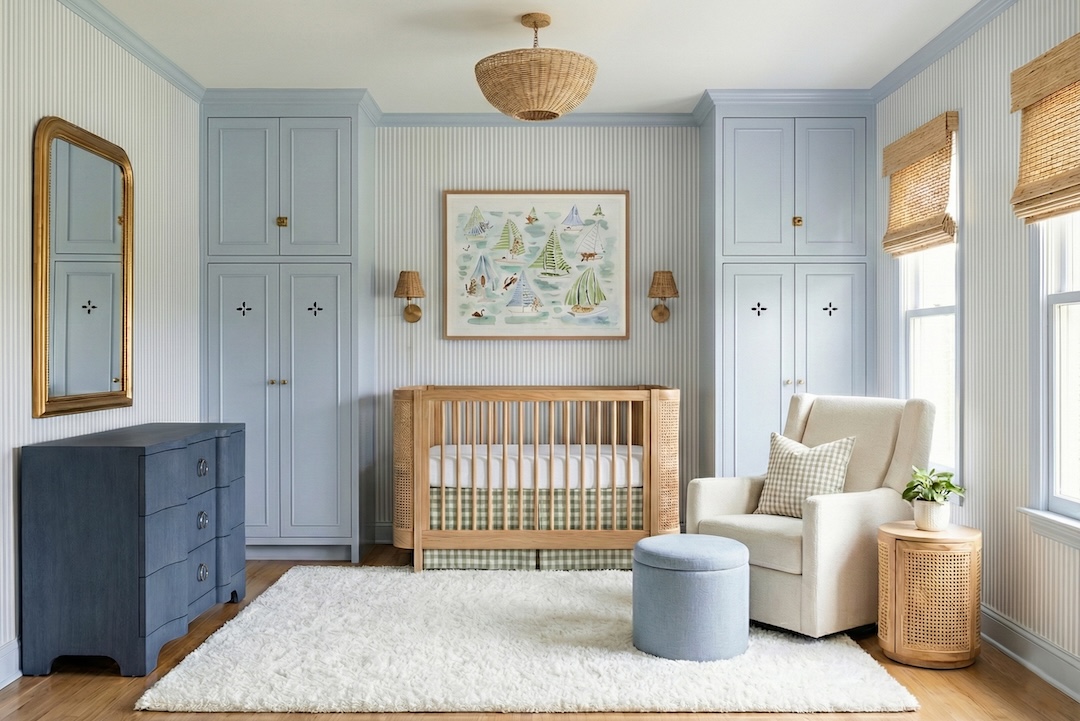 Blue Coastal Nursery Design With Wood Crib