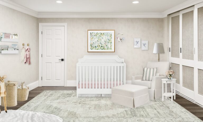 Neutral Virtual Nursery Design with Subtle Bird Theme and a Window Seat