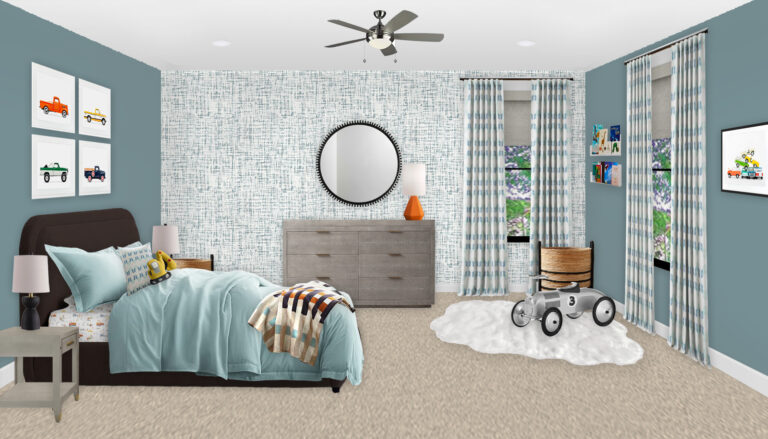 Car themed boy's bedroom with slate blue