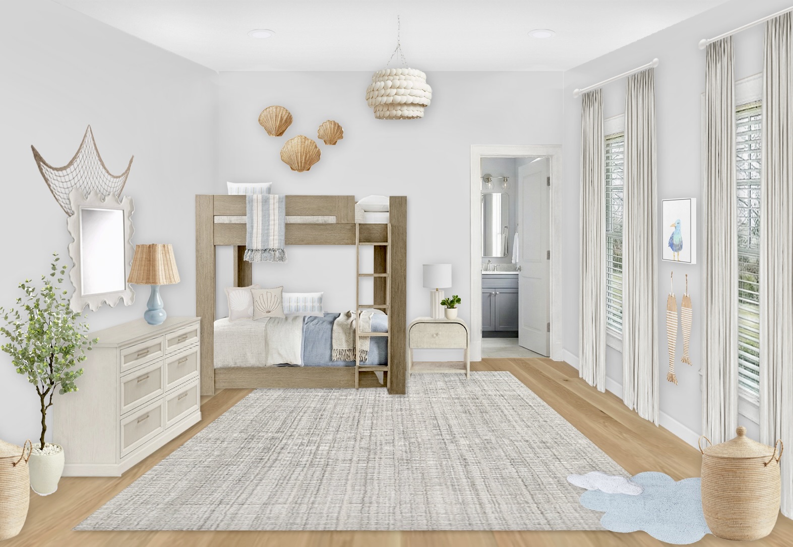 A Coastal Kid's Bunk Bedroom with Soft Blue and Neutrals