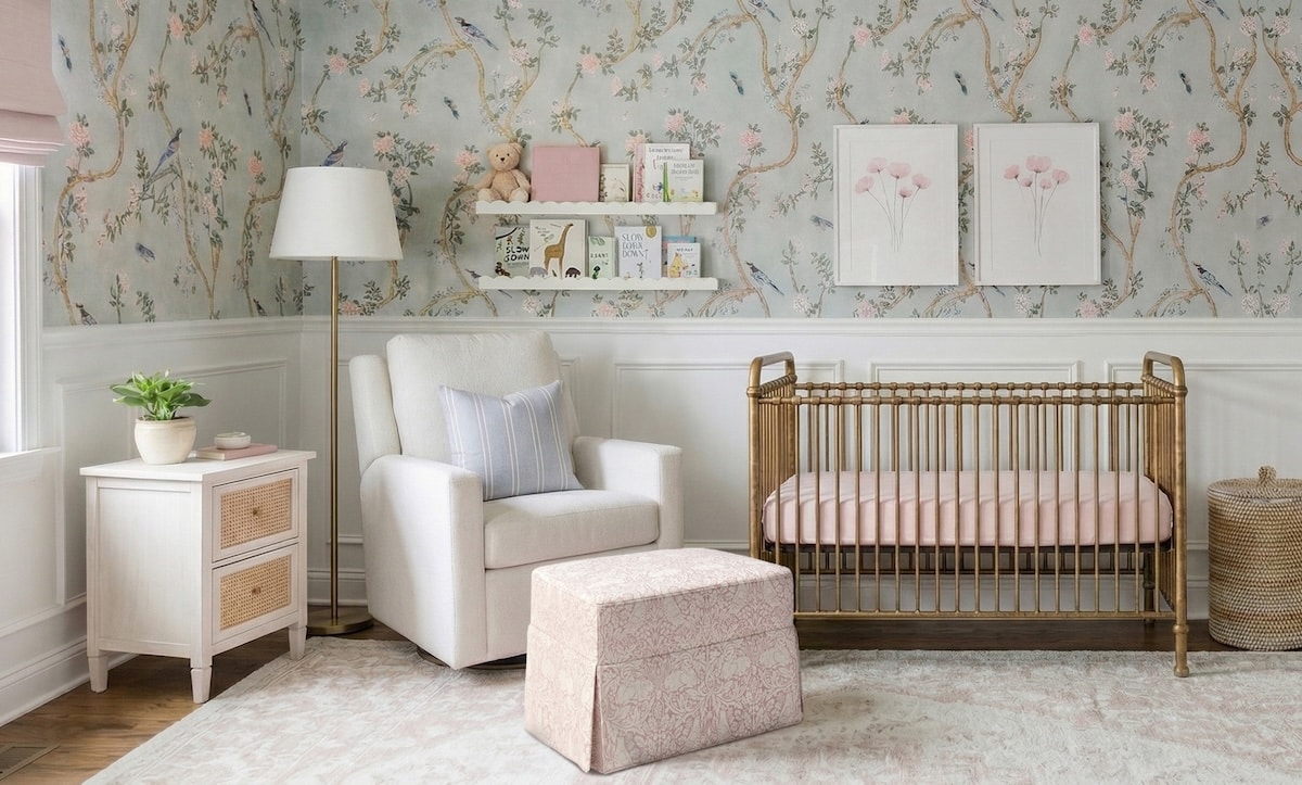 Girl's Nursery with Floral Wallpaper and Wall Paneling