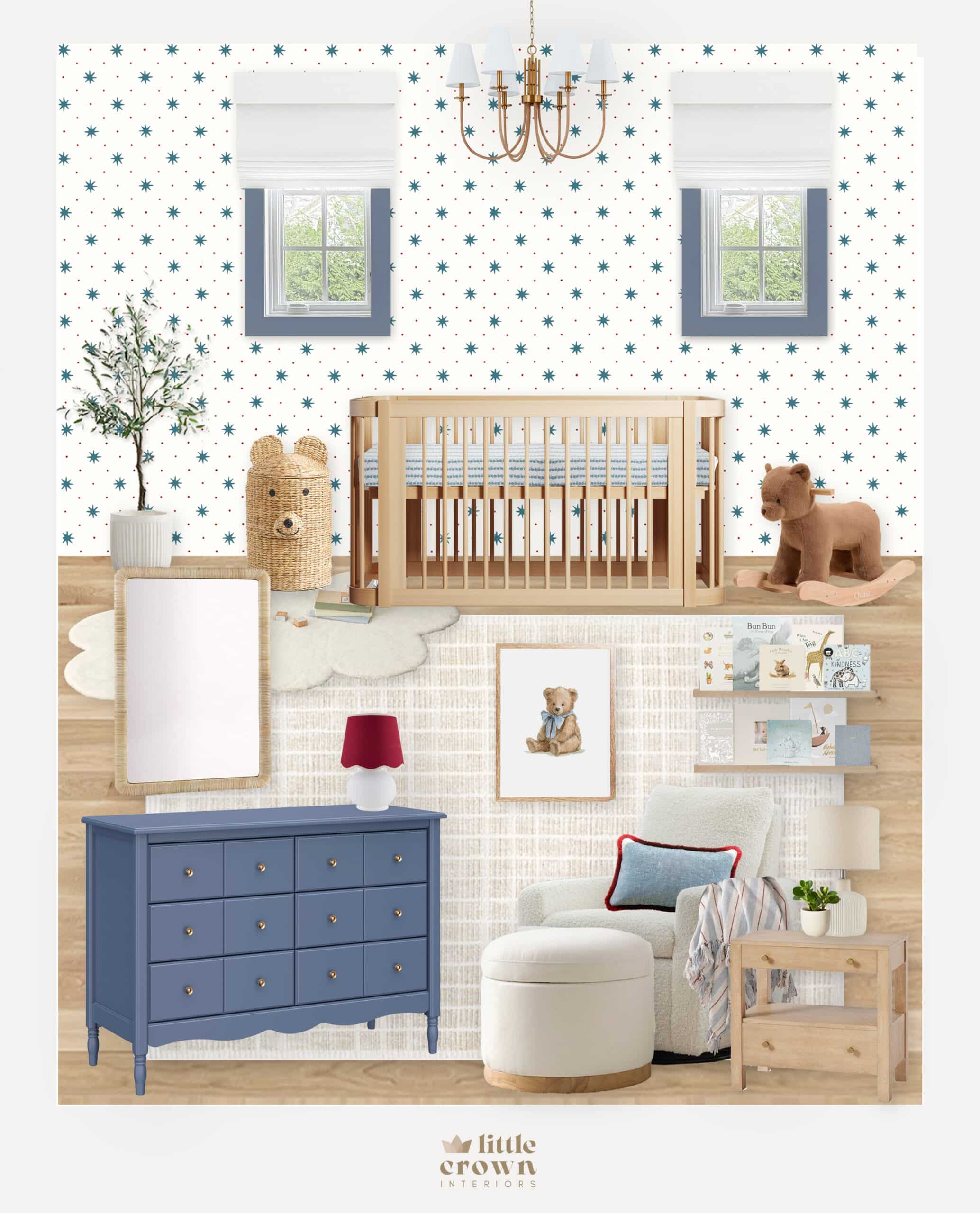 Preppy Blue and Red Boy's Nursery Design With Star Wallpaper