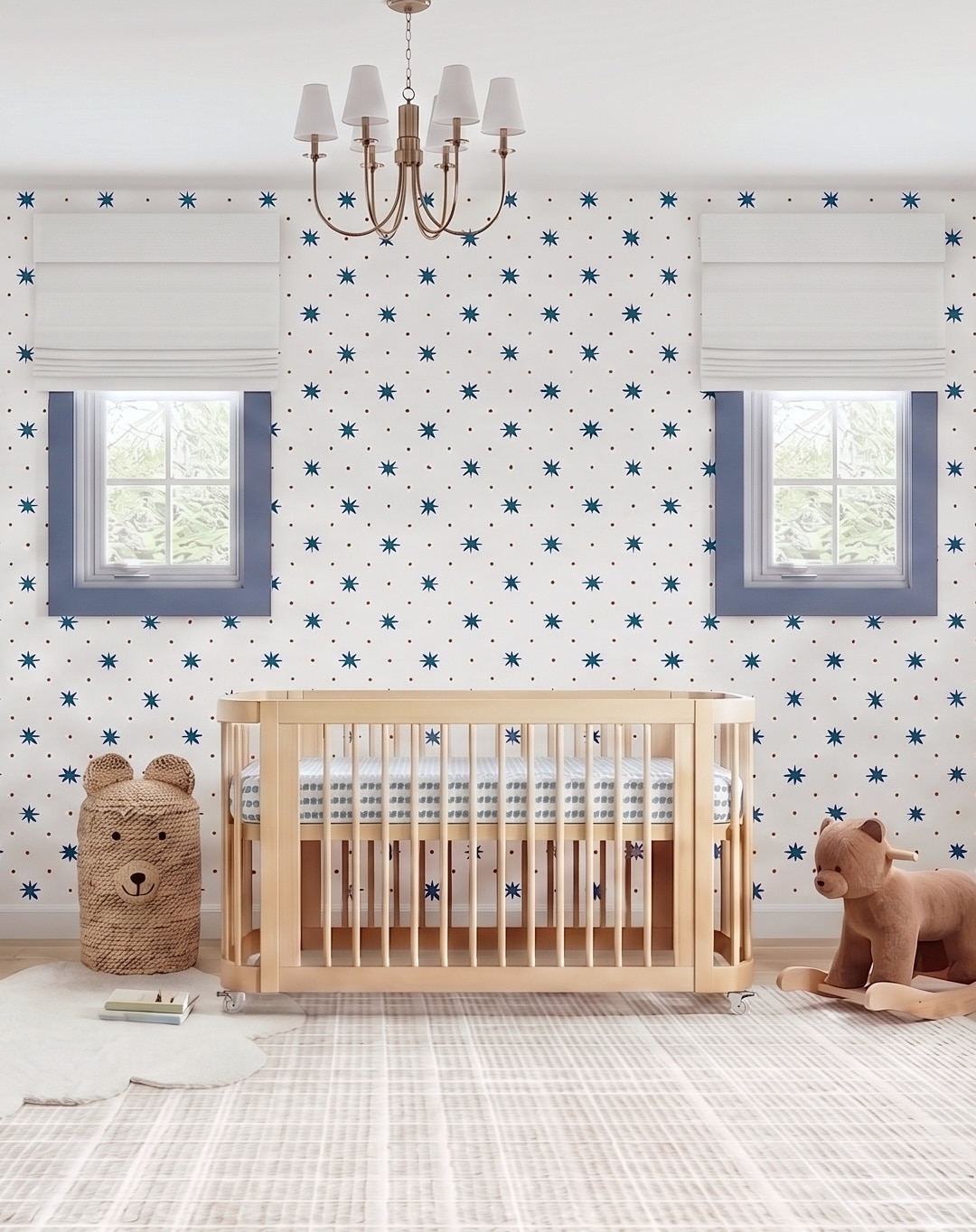 Preppy Blue and Red Boy's Nursery Design With Star Wallpaper