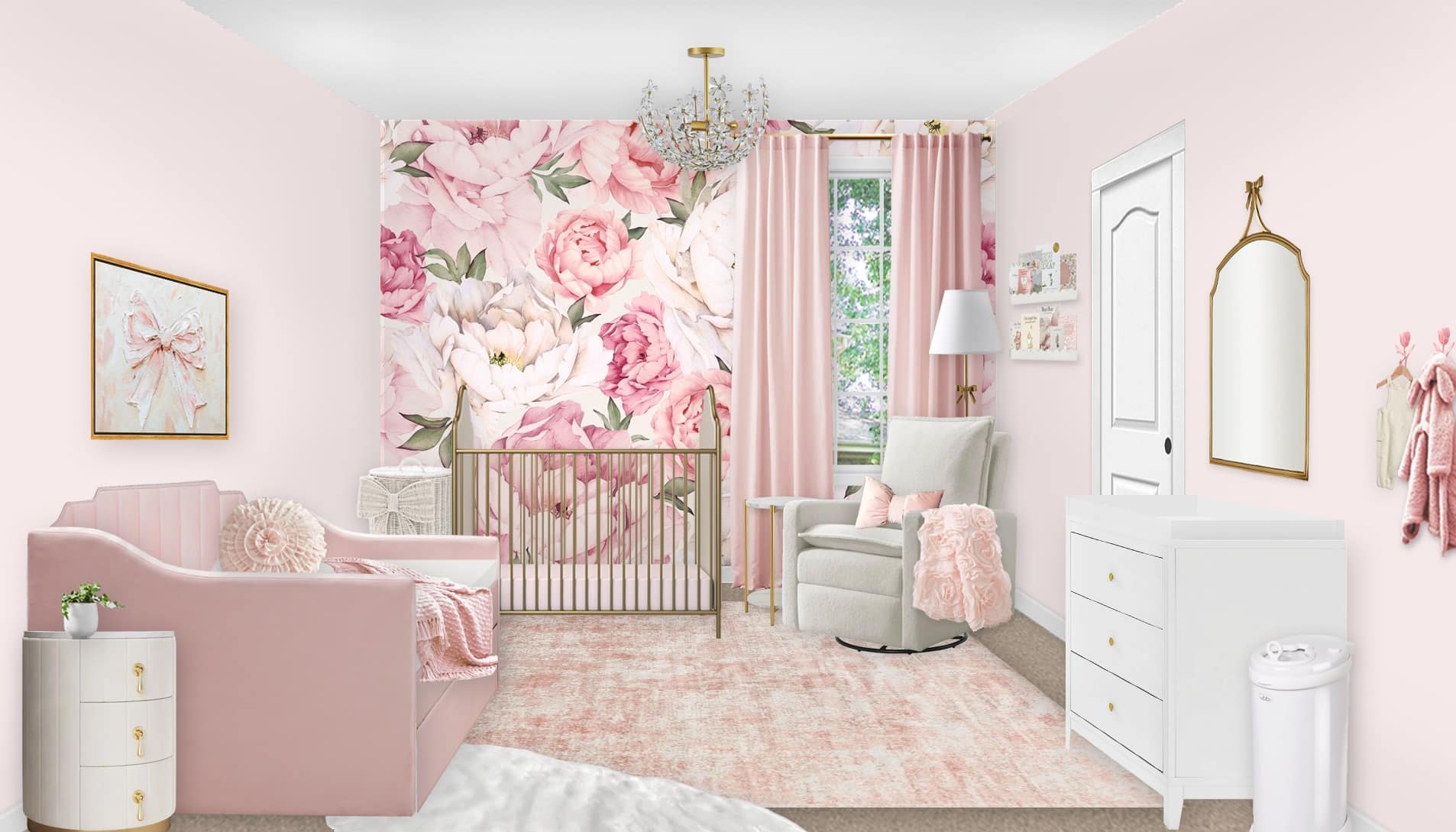 Pink Floral Nursery Design With Peony Wall Mural