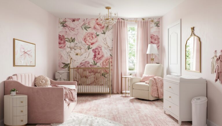 Pink Floral Nursery Design With Peony Wallpaper