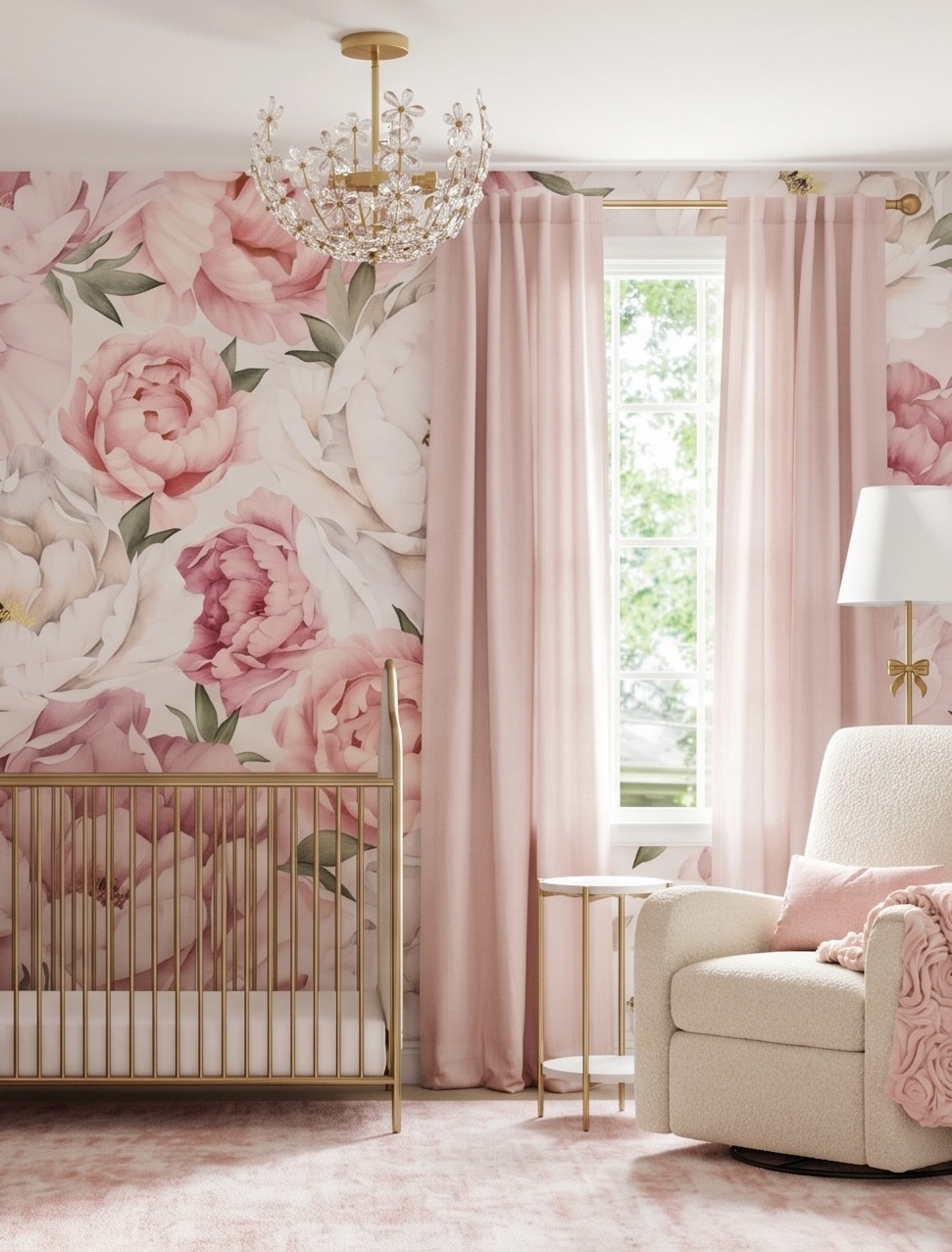 Pink Floral Nursery With Gold Crib